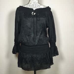 Shiny black on off shoulder corset tie neck embroidery scroll pattern witchy Sml